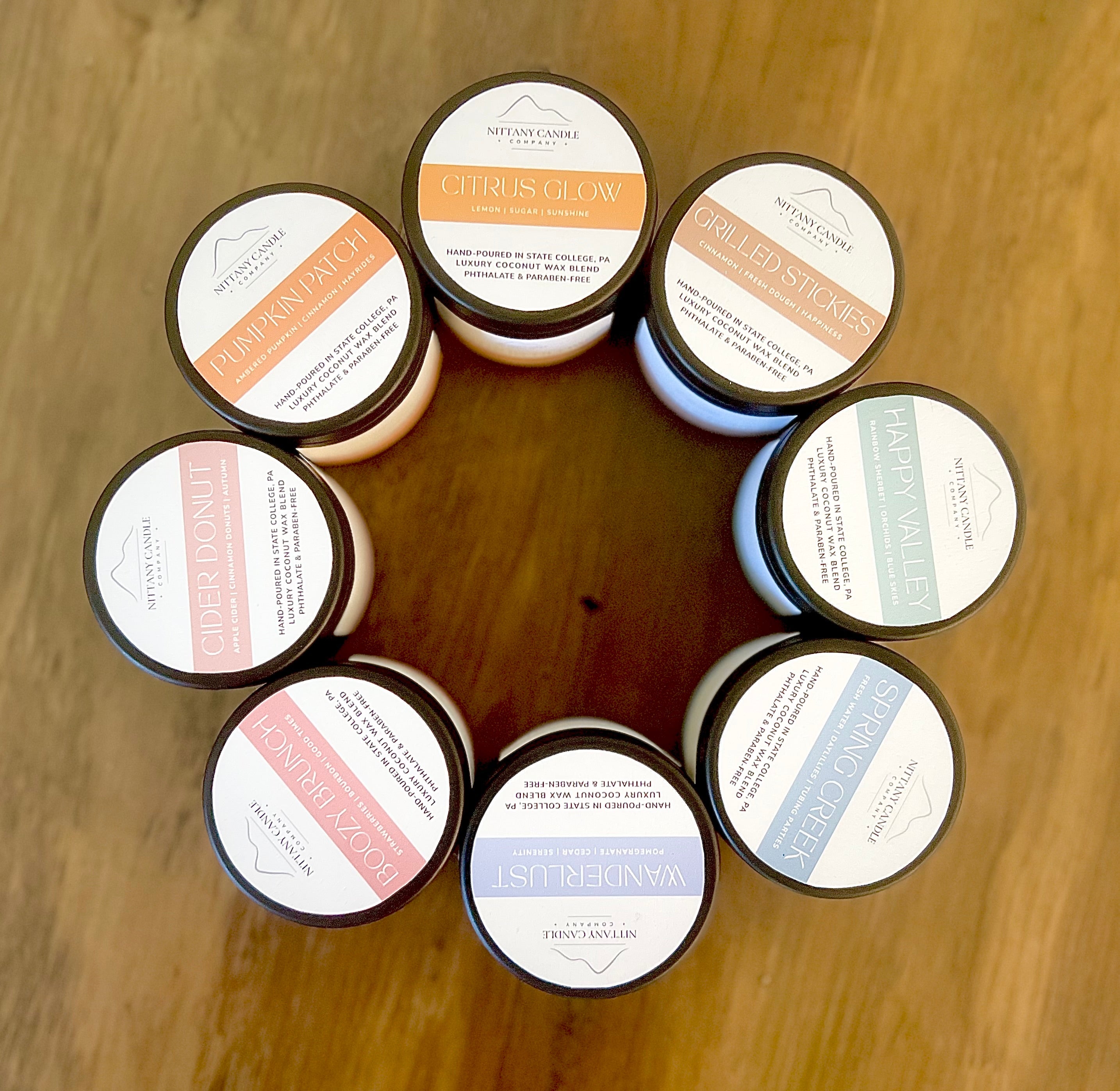 Entire collection of mini tin candles in a circle