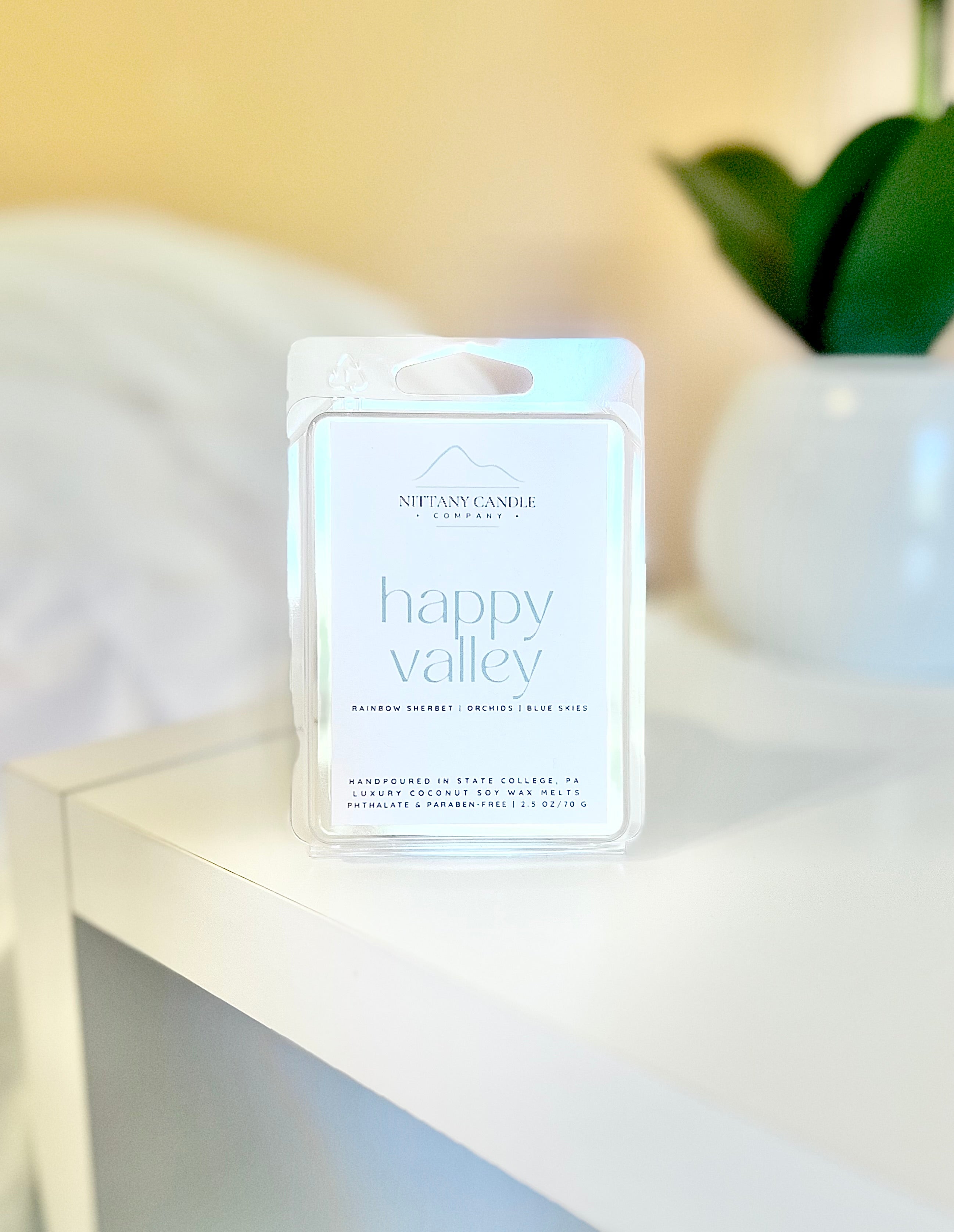 Fruity scented coconut wax melt called "Happy Valley" 