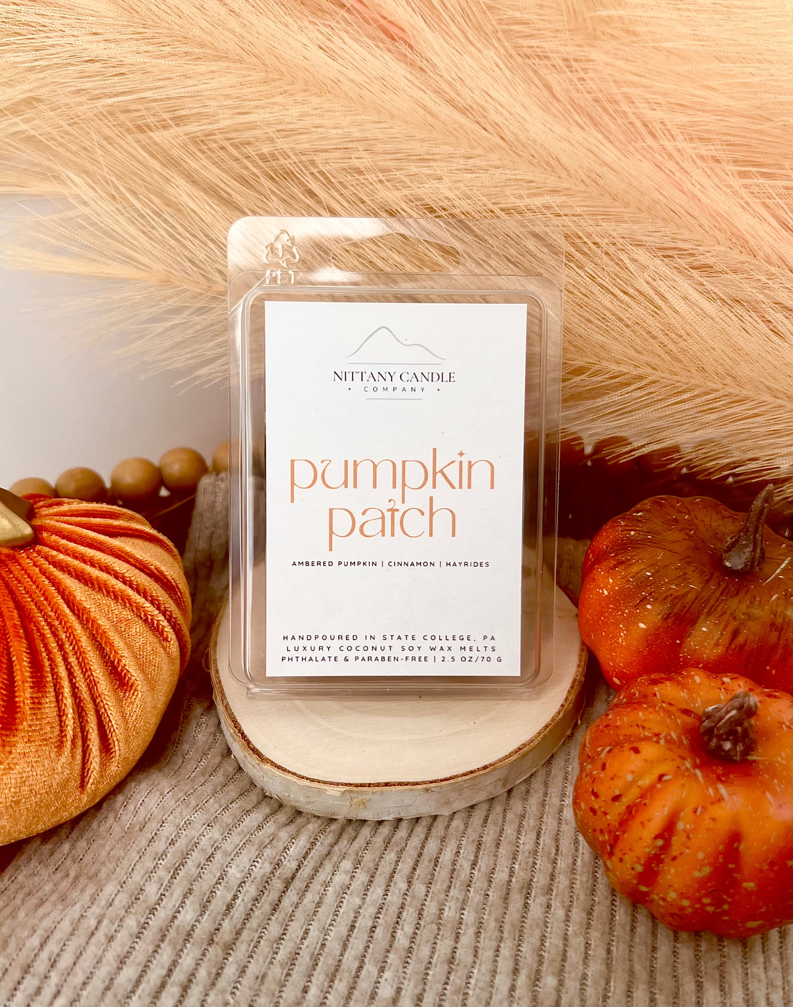 Nittany Candle Company pumpkin patch wax melt packaging with pumpkins in the background
