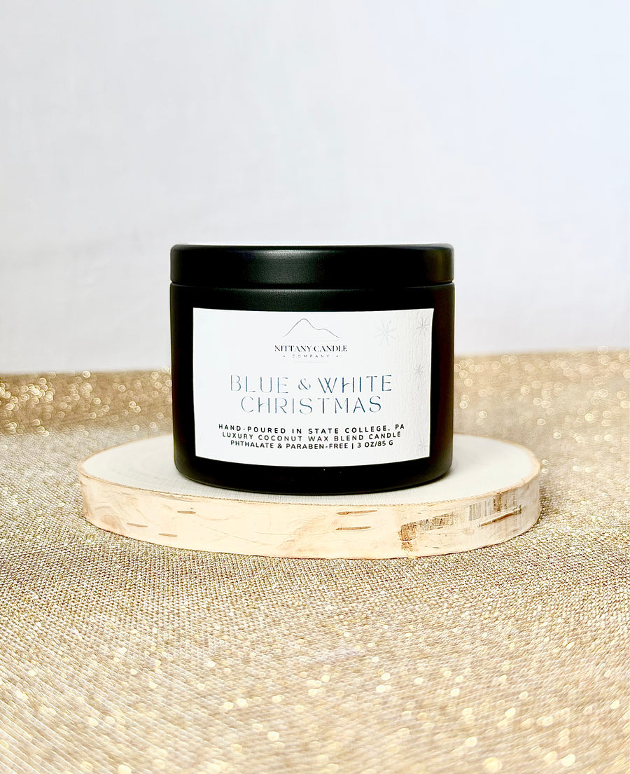 BLUE & WHITE CHRISTMAS MINI TIN CANDLE