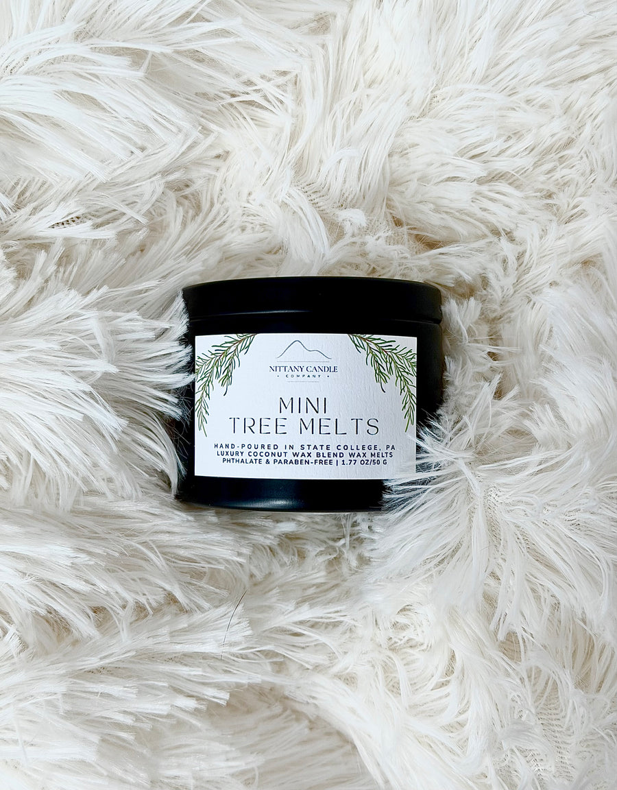 Jar of Christmas-themed mini evergreen tree melts on a fluffy white surface